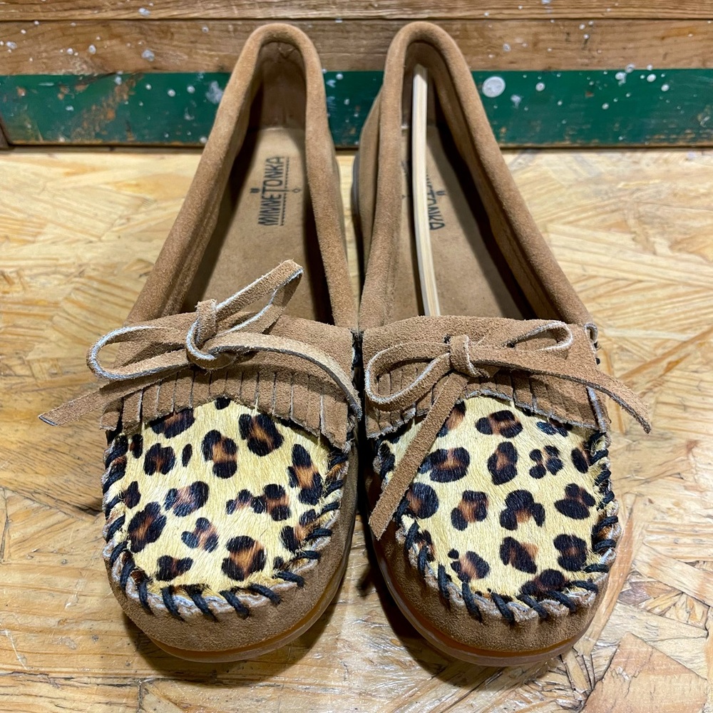 Minnetonka Tan Suede Moccasins with Leopard Print Top